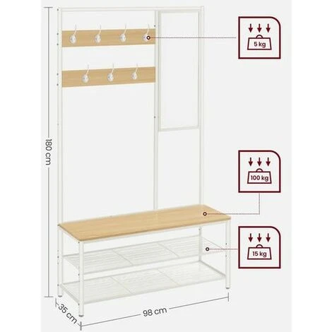 Kleiderständer, Garderobe, Garderobenständer Mit Haken, Spiegel, Sitzbank, 35 X 98 X 180 Cm, Für Eingangsbereich, Schlafzimmer, Wohnzimmer, Industrie-Design, Eichenfarben-Weiß Von SONGMICS HSR415W09 5 Kleiderständer, Garderobe, Garderobenständer Mit Haken, Spiegel, Sitzbank, 35 X 98 X 180 Cm, Für Eingangsbereich, Schlafzimmer, Wohnzimmer, Industrie-Design, Eichenfarben-Weiß Von SONGMICS HSR415W09 - Image 5