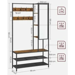 Songmics Garderobenständer Garderobe, Mit Schuhbank, 35 X 98 X 182 Cm,, Vintagebraun-Schwarz, HSR420B01 -Songmics Verkaufsgeschäft 95641943 5