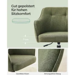 Songmics Bürostuhl, Bequemer Schreibtischstuhl, Höhenverstellbarer Computerstuhl, Bis 120 Kg Belastbar, Stahlgestell, Leinenimitat, Atmungsaktiv, Homeoffice, Büro, Grün GBO019C01 -Songmics Verkaufsgeschäft 96265360 3