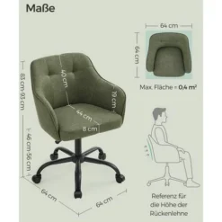 Songmics Bürostuhl, Bequemer Schreibtischstuhl, Höhenverstellbarer Computerstuhl, Bis 120 Kg Belastbar, Stahlgestell, Leinenimitat, Atmungsaktiv, Homeoffice, Büro, Grün GBO019C01 -Songmics Verkaufsgeschäft 96265360 5