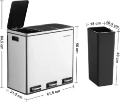 SONGMICS Mülleimer 54L Treteimer 3 X18L Edelstahl Abfalleimer Mit Fußpedal Handgriffen Und 3 Inneneimern Aus Kunststoff LTB54NL 17 SONGMICS Mülleimer 54L Treteimer 3 X18L Edelstahl Abfalleimer Mit Fußpedal Handgriffen Und 3 Inneneimern Aus Kunststoff LTB54NL -Songmics Verkaufsgeschäft 963fe4cb004592e0cad61109bc416b69