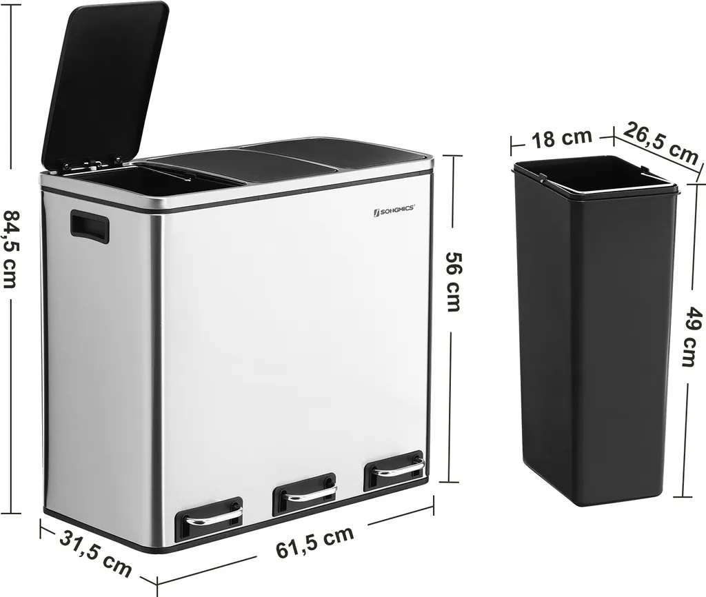 SONGMICS Mülleimer 54L Treteimer 3 X18L Edelstahl Abfalleimer Mit Fußpedal Handgriffen Und 3 Inneneimern Aus Kunststoff LTB54NL 9 SONGMICS Mülleimer 54L Treteimer 3 X18L Edelstahl Abfalleimer Mit Fußpedal Handgriffen Und 3 Inneneimern Aus Kunststoff LTB54NL - Image 9