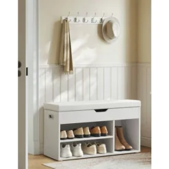 VASAGLE Schuhbank Mit 3 Fächern, Sitzbank 80 X 30 X 44 Cm, Gepolstert Bis 150 Kg Belastbar, Stauraum Unter Der Sitzfläche, Maximale Belastbarkeit 150 Kg, Weiß Von SONGMICS SHL30W