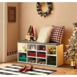Songmics VASAGLE Schuhbank, Schuhregal, Schuhaufbewahrung, Sitzbank, 10 Fächer, Mit Polsterung, Für Den Eingangsbereich, Flur, Schlafzimmer, 104 X 30 X 48 Cm, Weiß SHL10WT