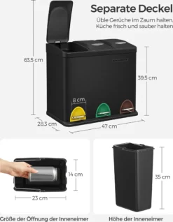 SONGMICS Mülleimer Für Die Küche, 3 X 8 Liter, Abfalleimer Aus Metall, 3-in-1 Treteimer, Mülltrennung, Mülltrennsystem, 15 Müllbeutel, Einfach Zu Reinigen, Stahl, Schwarz LTB24BK -Songmics Verkaufsgeschäft 9816bfacc64147c091aa00266bae455f