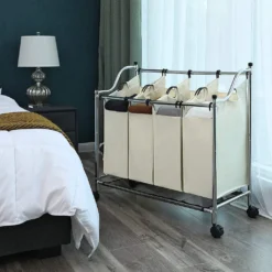 SONGMICS Wäschekorb Mit 4 Fächern Beige 140 L Faltbar Eisengetsell 4 ×35 L Wäschesortierer Wäschebox Wäschewagen Wäschesammler Aus Polyester LSF005S -Songmics Verkaufsgeschäft 98355362780a2926101e83658f6a766a