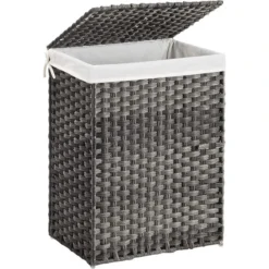 Songmics Wäschekorb LCB51WG, Grau, Mit Deckel, Aus Kunststoff, Faltbar, 46 X 60 X 33 Cm, 90 Liter