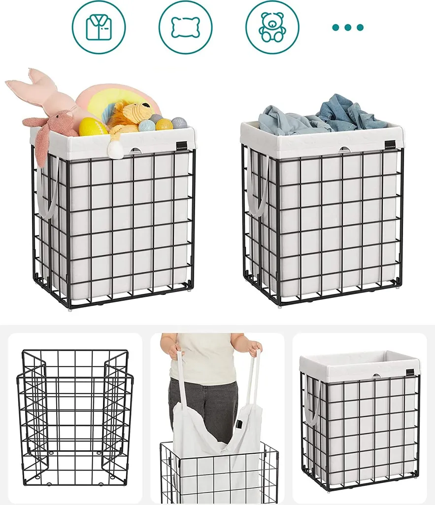 SONGMICS Wäschekorb 90L, Faltbarer Wäschesammler, Abnehmbarer Und Waschbarer Wäschesack, Metalldrahtgestell, Für Schlafzimmer, Bad, Waschküche, Schwarz-weiß LCB190W01 7 SONGMICS Wäschekorb 90L, Faltbarer Wäschesammler, Abnehmbarer Und Waschbarer Wäschesack, Metalldrahtgestell, Für Schlafzimmer, Bad, Waschküche, Schwarz-weiß LCB190W01 - Image 7