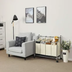 SONGMICS Wäschekorb Mit 4 Fächern Beige 140 L Faltbar Eisengetsell 4 ×35 L Wäschesortierer Wäschebox Wäschewagen Wäschesammler Aus Polyester LSF005S -Songmics Verkaufsgeschäft a86bb57abb78ac507add78214eeeec5e