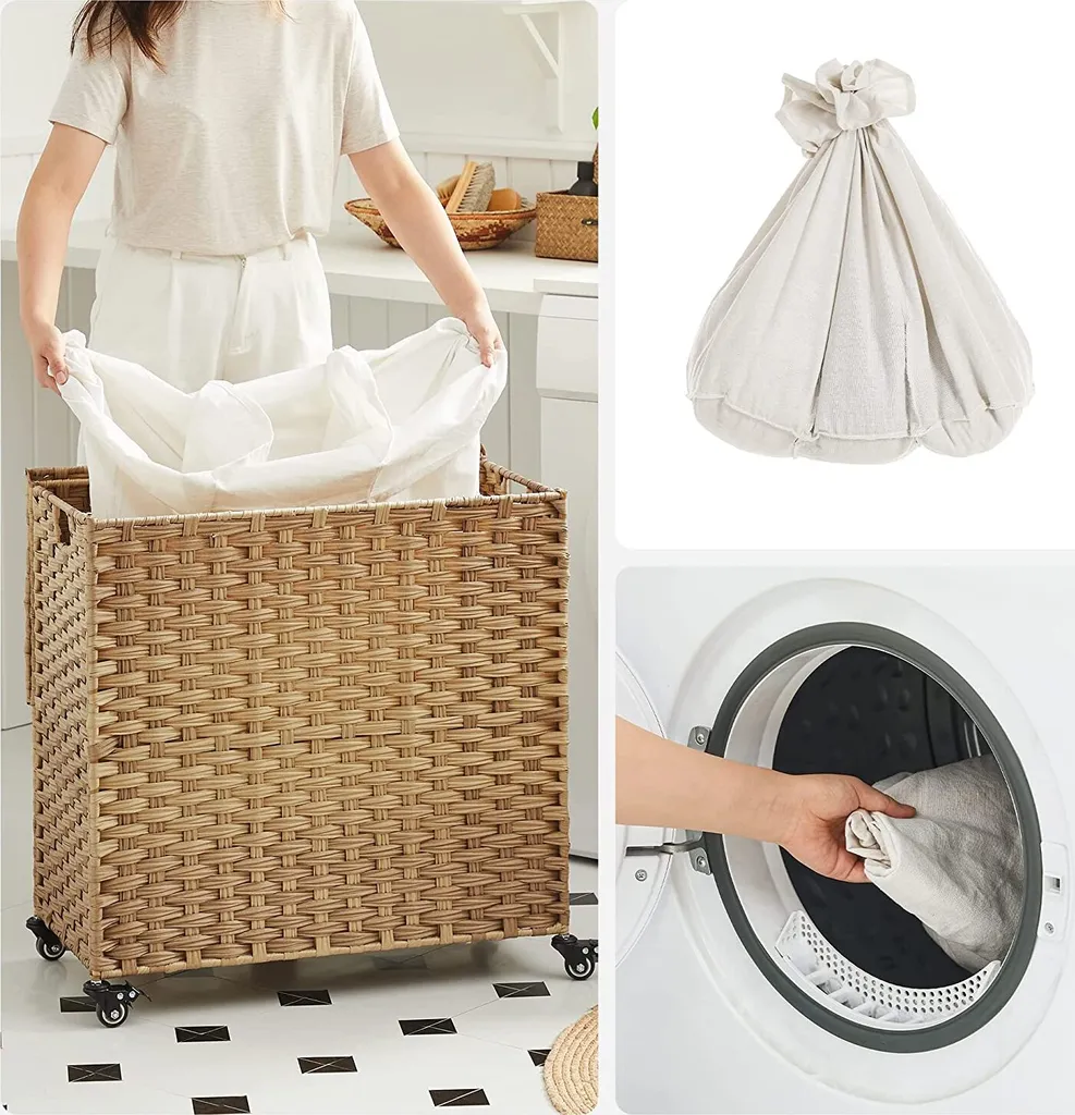 SONGMICS Wäschekorb, Handgeflochten, Wäschesammler, 140 L, Aus Polyrattan, Mit 3 Fächern, Herausnehmbare Tasche, Deckel, Griffe, Für Wohnzimmer, Badezimmer, 66 X 33 X 60 Cm, Naturfarben LCB363N01 6 SONGMICS Wäschekorb, Handgeflochten, Wäschesammler, 140 L, Aus Polyrattan, Mit 3 Fächern, Herausnehmbare Tasche, Deckel, Griffe, Für Wohnzimmer, Badezimmer, 66 X 33 X 60 Cm, Naturfarben LCB363N01 - Image 6