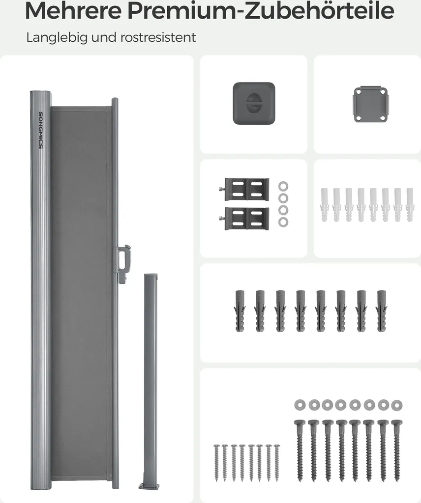 SONGMICS Alu Seitenmarkise, Ausziehbar, 160 X 400 Cm, Aus Polyester (280 G/m²), Markise, Sichtschutz, Sonnenschutz, Blickdicht, Seitenrollo, Für Balkon, Terrasse, Garten, Hellgrau ASG164G03 4 SONGMICS Alu Seitenmarkise, Ausziehbar, 160 X 400 Cm, Aus Polyester (280 G/m²), Markise, Sichtschutz, Sonnenschutz, Blickdicht, Seitenrollo, Für Balkon, Terrasse, Garten, Hellgrau ASG164G03 - Image 4