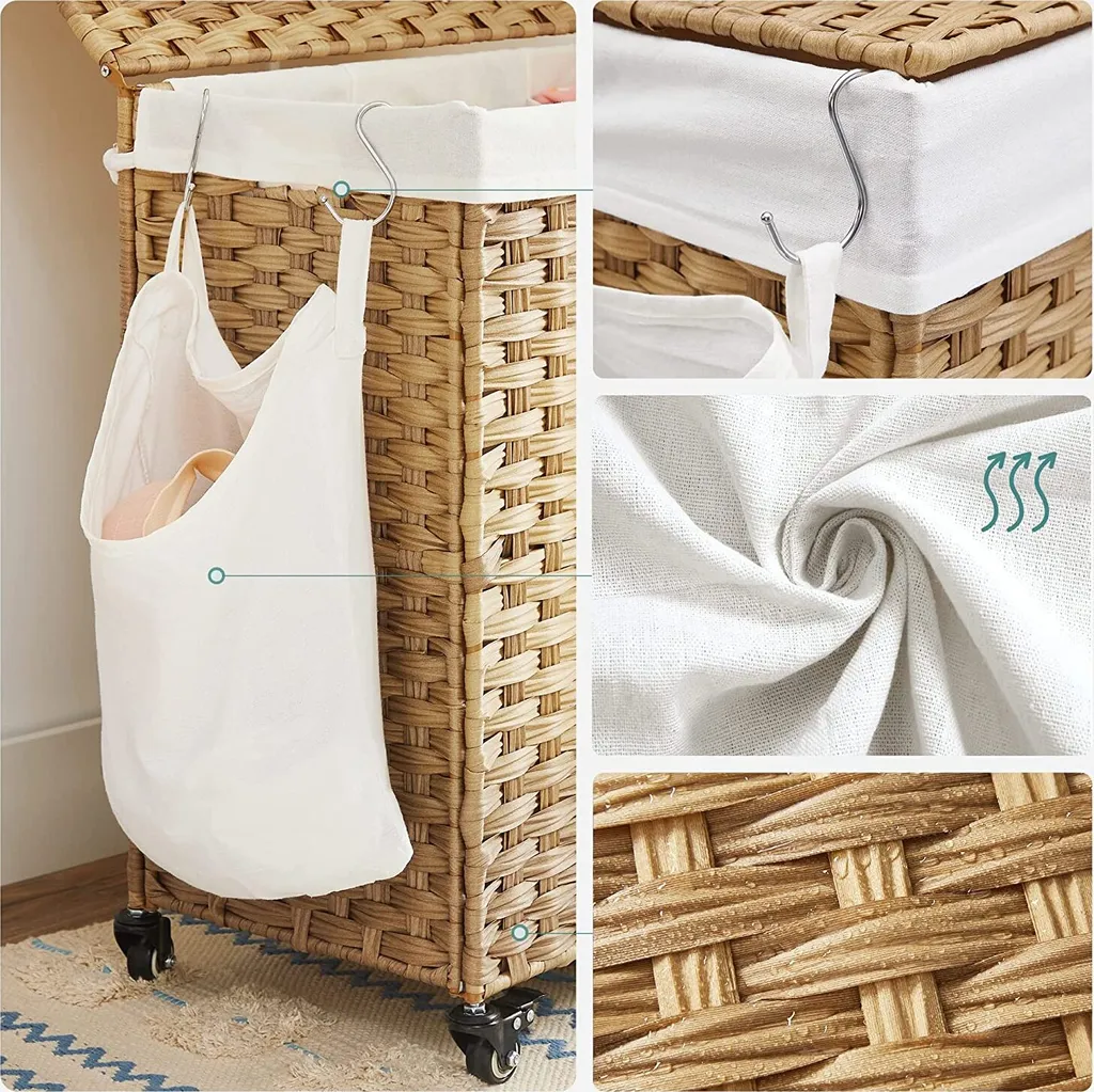 SONGMICS Wäschekorb, Handgeflochten, Wäschesammler, 140 L, Aus Polyrattan, Mit 3 Fächern, Herausnehmbare Tasche, Deckel, Griffe, Für Wohnzimmer, Badezimmer, 66 X 33 X 60 Cm, Naturfarben LCB363N01 7 SONGMICS Wäschekorb, Handgeflochten, Wäschesammler, 140 L, Aus Polyrattan, Mit 3 Fächern, Herausnehmbare Tasche, Deckel, Griffe, Für Wohnzimmer, Badezimmer, 66 X 33 X 60 Cm, Naturfarben LCB363N01 - Image 7