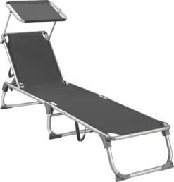 SONGMICS Sonnenliege, Klappbarer Liegestuhl, 193 X 55 X 31 Cm, Max. Belastbarkeit 150 Kg, Mit Sonnenschutz, Verstellbare Rückenlehne, Für Terrasse Pool Garten, Rauchgrau GCB19GYV1