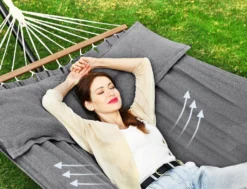 SONGMICS Hängematte, 210 X 150 Cm, Mit 2 Kissen, Bis Zu 300 Kg Belastbar, Mit 2 Holzstangen, Outdoor, Grau GDC022G01 -Songmics Verkaufsgeschäft b85f4378b2366ae41cd917e5d3230502