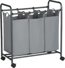 Wäschekörbe Mit 3 Taschen Grau Eisen Polyester 144 L Faltbar 3 ×44 L Wäschesortierer Wäschebox Wäschewagen Wäschesammler SONGMICS LSF003GS