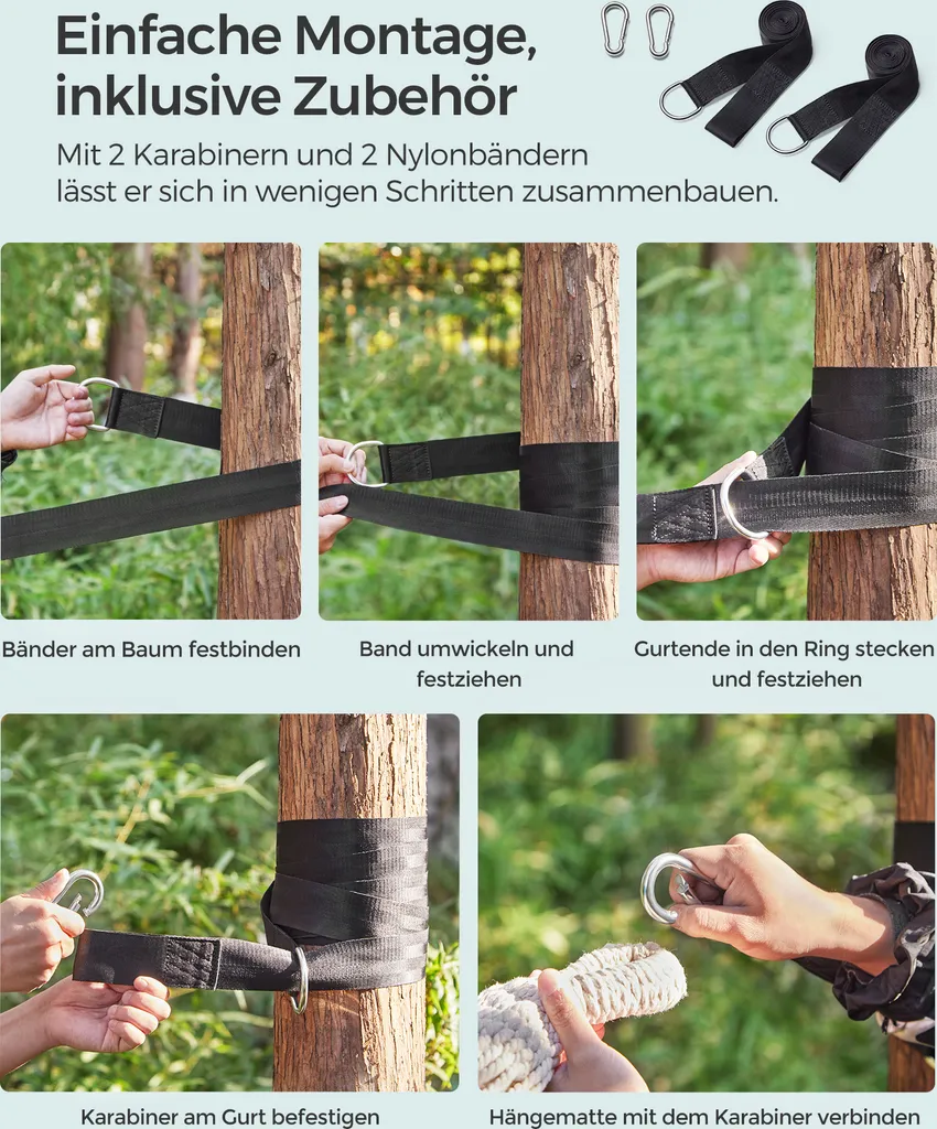 SONGMICS Hängematte, 210 X 150 Cm, Doppelhängematte, Belastbarkeit 300 Kg, Für Garten, Terrasse, Balkon, Outdoor, Camping, Mit Tragetasche, Befestigungsgurten Und Karabinern, Grau 6 SONGMICS Hängematte, 210 X 150 Cm, Doppelhängematte, Belastbarkeit 300 Kg, Für Garten, Terrasse, Balkon, Outdoor, Camping, Mit Tragetasche, Befestigungsgurten Und Karabinern, Grau - Image 6