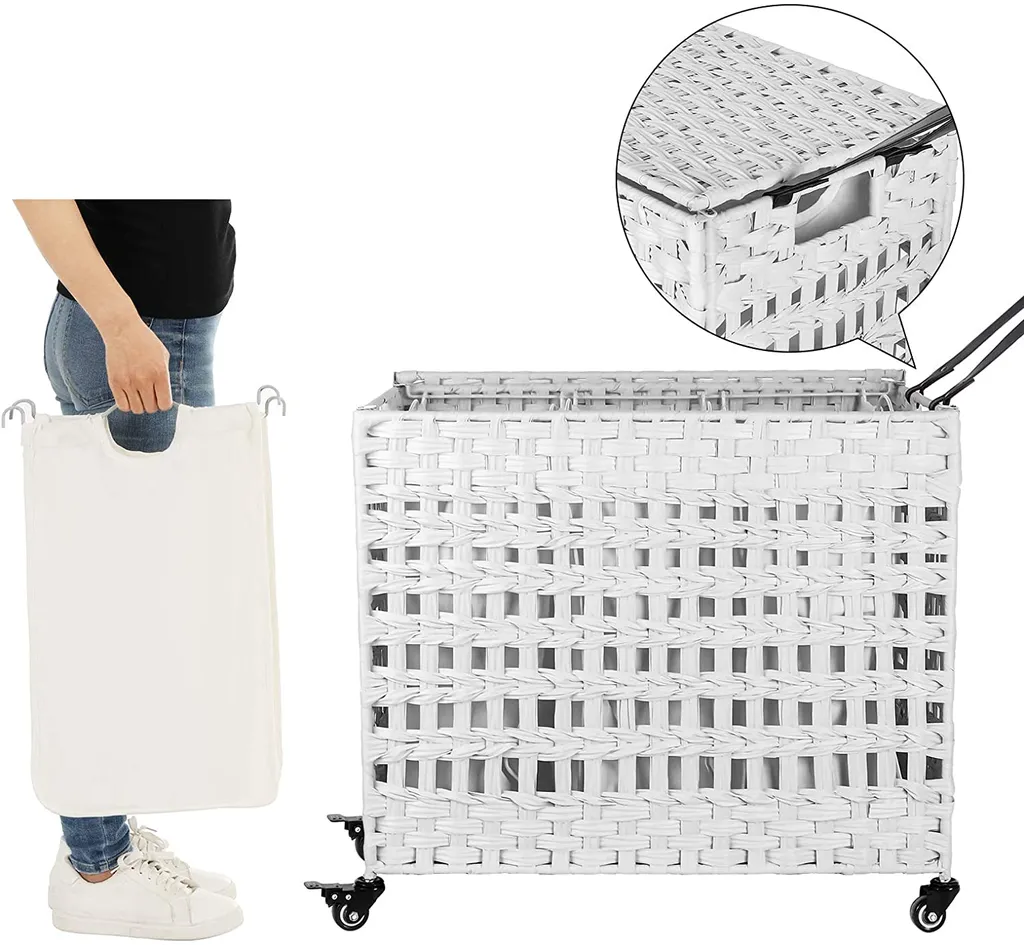 SONGMICS Wäschekorb Handgeflochten, Wäschesammler Aus Polyrattan, Mit 3 Fächern, Deckel Und Griffen, Herausnehmbare Taschen, Wohnzimmer, Schlafzimmer, Waschküche, Weiß LCB083W01 4 SONGMICS Wäschekorb Handgeflochten, Wäschesammler Aus Polyrattan, Mit 3 Fächern, Deckel Und Griffen, Herausnehmbare Taschen, Wohnzimmer, Schlafzimmer, Waschküche, Weiß LCB083W01 - Image 4