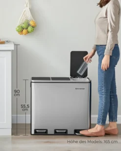 SONGMICS Mülleimer 54L Treteimer 3 X18L Edelstahl Abfalleimer Mit Fußpedal Handgriffen Und 3 Inneneimern Aus Kunststoff LTB54NL