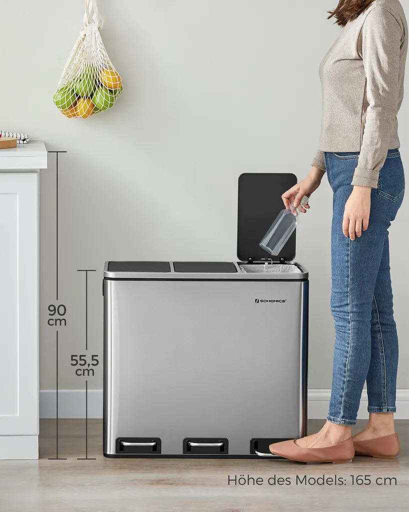 SONGMICS Mülleimer 54L Treteimer 3 X18L Edelstahl Abfalleimer Mit Fußpedal Handgriffen Und 3 Inneneimern Aus Kunststoff LTB54NL 1 SONGMICS Mülleimer 54L Treteimer 3 X18L Edelstahl Abfalleimer Mit Fußpedal Handgriffen Und 3 Inneneimern Aus Kunststoff LTB54NL