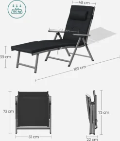 SONGMICS Sonnenliege, Klappbar, Liegestuhl Mit 6 Cm Dicker Matratze, Abnehmbares Kopfkissen, Aus Rostfreiem Aluminium, Atmungsaktiv, Komfortabel, Verstellbar, Bis 150 Kg Belastbar, Schwarz GCB24BK -Songmics Verkaufsgeschäft ce4468076431f9f963ea7bbfc7658a9d
