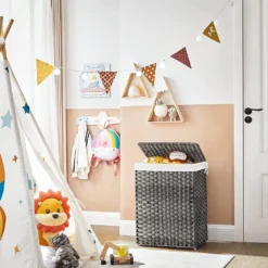 SONGMICS Wäschekorb Handgeflochten, 90 L, Wäschesammler Aus Synthetischem Rattan, Mit Deckel Und Griffen, Faltbar, Wäschesack Herausnehmbar, Grau LCB51WG 9 SONGMICS Wäschekorb Handgeflochten, 90 L, Wäschesammler Aus Synthetischem Rattan, Mit Deckel Und Griffen, Faltbar, Wäschesack Herausnehmbar, Grau LCB51WG -Songmics Verkaufsgeschäft ceb4940458800c53ec6a9a16a775bed5