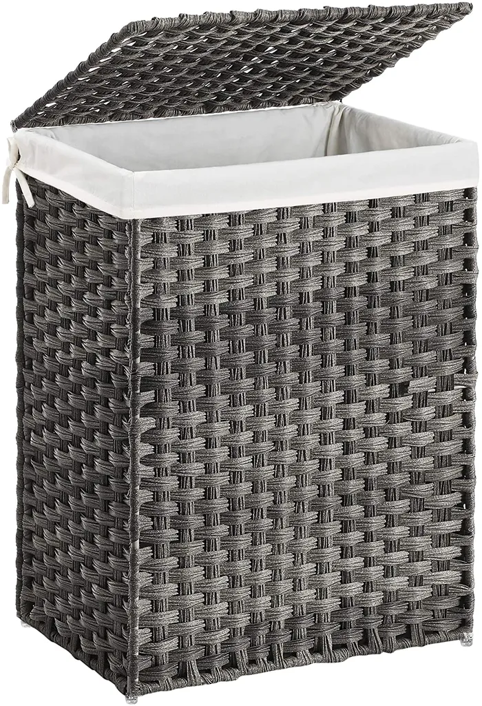 SONGMICS Wäschekorb Handgeflochten, 90 L, Wäschesammler Aus Synthetischem Rattan, Mit Deckel Und Griffen, Faltbar, Wäschesack Herausnehmbar, Grau LCB51WG 1 SONGMICS Wäschekorb Handgeflochten, 90 L, Wäschesammler Aus Synthetischem Rattan, Mit Deckel Und Griffen, Faltbar, Wäschesack Herausnehmbar, Grau LCB51WG
