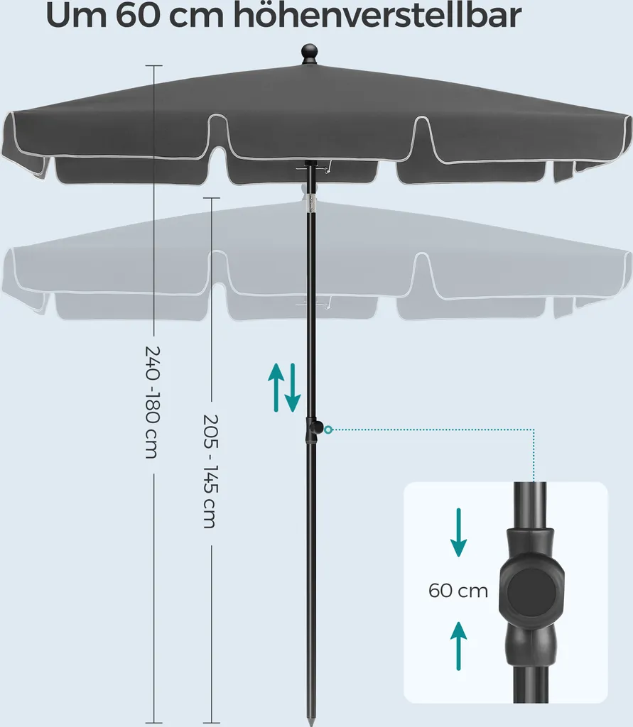 SONGMICS Sonnenschirm 200 X 125 Cm, UPF 50+, Sonnenschutz, Beidseitig Um 30° Knickbar, Höhenverstellbar, Mit Aufbewahrungstasche, Grau GPU25GY 4 SONGMICS Sonnenschirm 200 X 125 Cm, UPF 50+, Sonnenschutz, Beidseitig Um 30° Knickbar, Höhenverstellbar, Mit Aufbewahrungstasche, Grau GPU25GY - Image 4