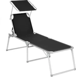 SONGMICS Klappbare Sonnenliege, 65 X 200 X 48 Cm, Bis 150 Kg Belastbar, Liegestuhl, Gartenliege, Extra Groß, Mit Sonnendach, Rückenlehne Verstellbar, Klappbar, Schwarz GCB26BK
