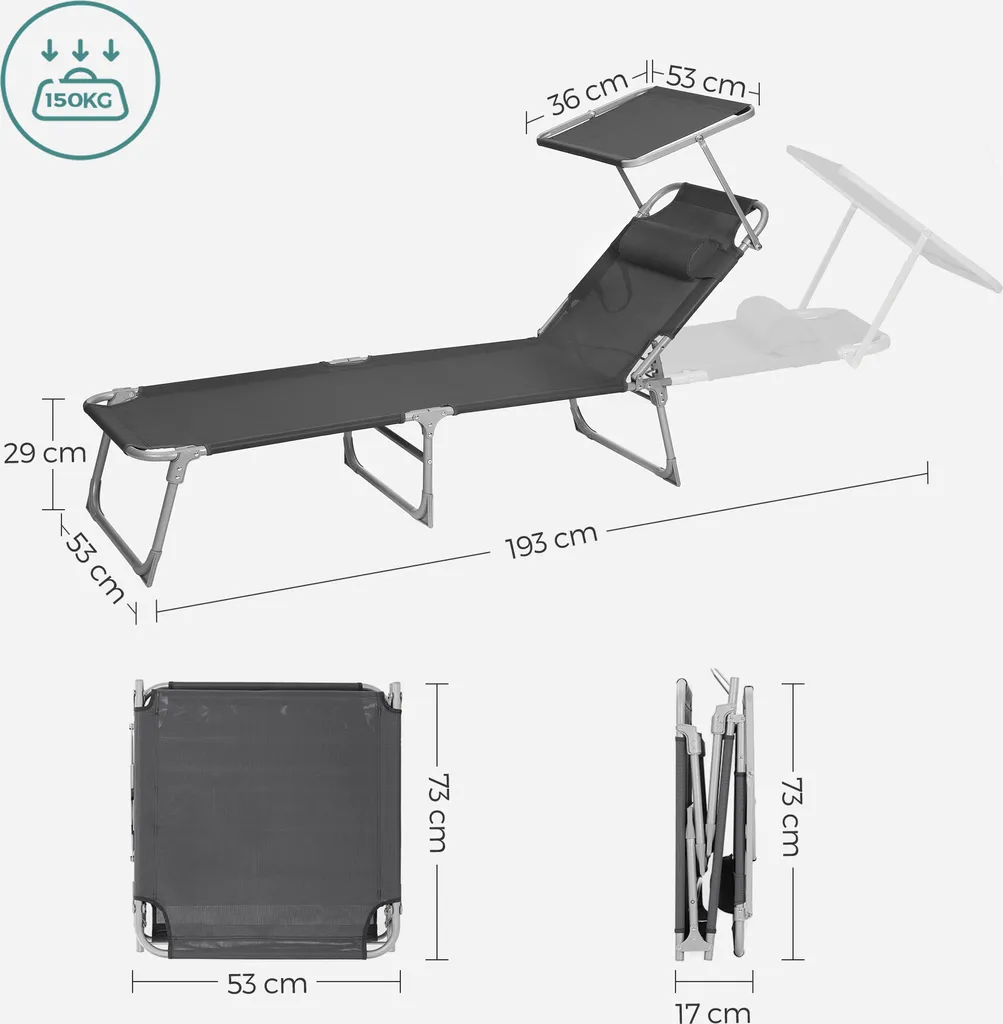 SONGMICS Sonnenliege, 193 X 53 X 29 Cm, Liegestuhl, Gartenliege, Mit Kopfstütze, Verstellbar, Leicht, Klappbar, Bis 150 Kg Belastbar, Dunkelgrau BCG19UV1 3 SONGMICS Sonnenliege, 193 X 53 X 29 Cm, Liegestuhl, Gartenliege, Mit Kopfstütze, Verstellbar, Leicht, Klappbar, Bis 150 Kg Belastbar, Dunkelgrau BCG19UV1 - Image 3