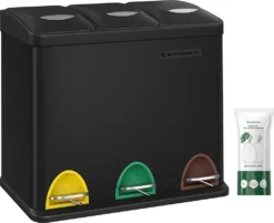 SONGMICS Mülleimer Für Die Küche, 3 X 8 Liter, Abfalleimer Aus Metall, 3-in-1 Treteimer, Mülltrennung, Mülltrennsystem, 15 Müllbeutel, Einfach Zu Reinigen, Stahl, Schwarz LTB24BK