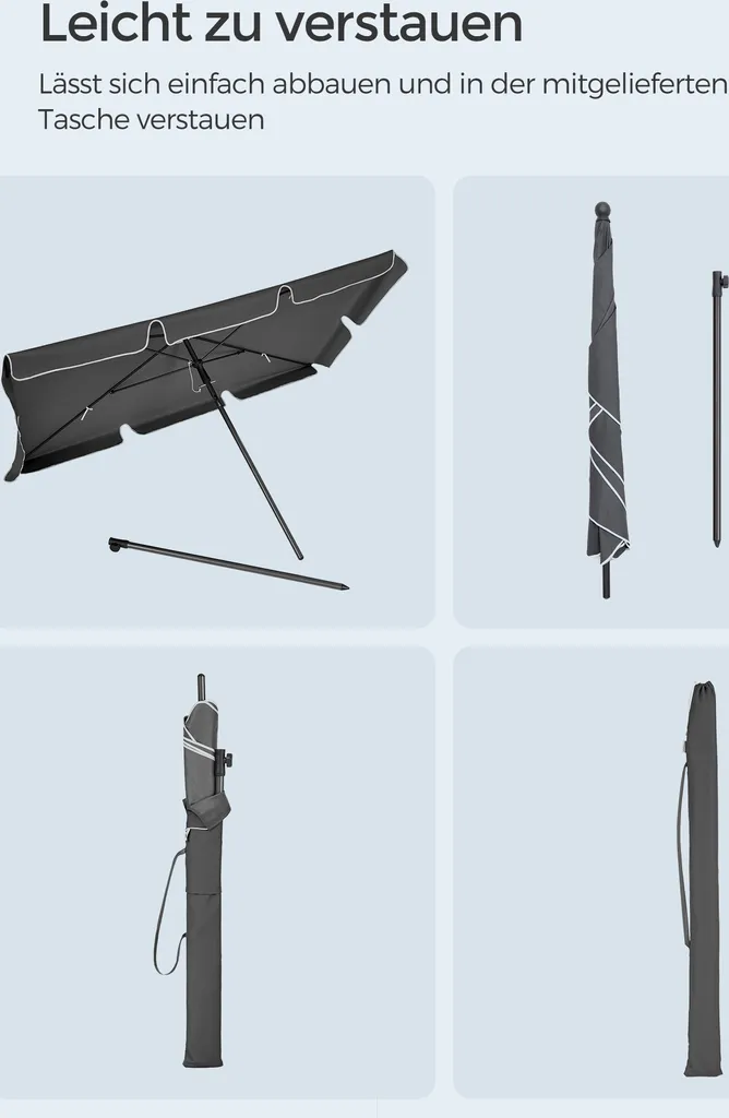 SONGMICS Sonnenschirm 200 X 125 Cm, UPF 50+, Sonnenschutz, Beidseitig Um 30° Knickbar, Höhenverstellbar, Mit Aufbewahrungstasche, Grau GPU25GY 8 SONGMICS Sonnenschirm 200 X 125 Cm, UPF 50+, Sonnenschutz, Beidseitig Um 30° Knickbar, Höhenverstellbar, Mit Aufbewahrungstasche, Grau GPU25GY - Image 8