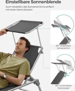 SONGMICS Sonnenliege, Klappbarer Liegestuhl, 193 X 55 X 31 Cm, Max. Belastbarkeit 150 Kg, Mit Sonnenschutz, Verstellbare Rückenlehne, Für Terrasse Pool Garten, Rauchgrau GCB19GYV1 -Songmics Verkaufsgeschäft f0185147366a8711fc150dbbddd1e0cb