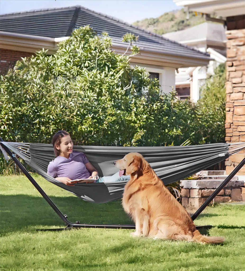 SONGMICS Hängematte, 210 X 150 Cm, Doppelhängematte, Belastbarkeit 300 Kg, Für Garten, Terrasse, Balkon, Outdoor, Camping, Mit Tragetasche, Befestigungsgurten Und Karabinern, Grau 2 SONGMICS Hängematte, 210 X 150 Cm, Doppelhängematte, Belastbarkeit 300 Kg, Für Garten, Terrasse, Balkon, Outdoor, Camping, Mit Tragetasche, Befestigungsgurten Und Karabinern, Grau - Image 2