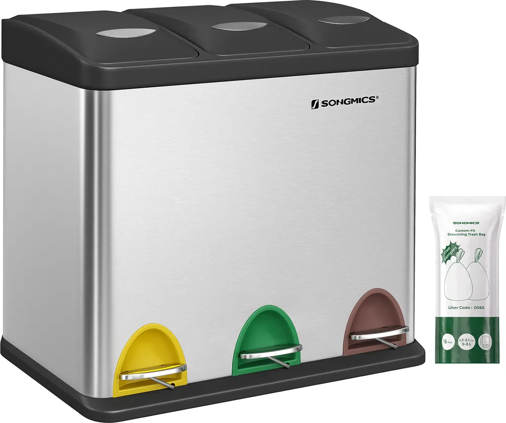 SONGMICS Mülleimer 24L, Edelstahl Abfalleimer Mit Inneneimer 3 X 8L 3-in-1Treteimer Trennsysteme LTB24L 1 SONGMICS Mülleimer 24L, Edelstahl Abfalleimer Mit Inneneimer 3 X 8L 3-in-1Treteimer Trennsysteme LTB24L