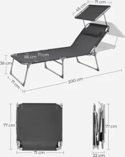 SONGMICS Große Sonnenliege, Klappbarer Liegestuhl, 200 X 71 X 38 Cm, Belastbarkeit 150 Kg, Mit Sonnenschutz, Kopfstütze Und Verstellbarer Rückenlehne, Für Garten Pool Terrasse, Anthrazit GCB22GYV2 -Songmics Verkaufsgeschäft f50fe1ce398ac372708150ac16b7d90d