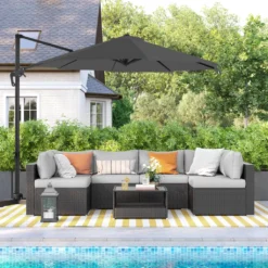 SONGMICS Sonnenschirm Ø 300 Cm, UV-Schutz Bis UPF 50+, Um 360° Drehbar, Ampelschirm, Mit Kurbel Zum Öffnen Und Schließen, Mit Ständer, Grau GPU35GY