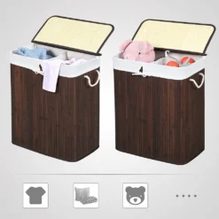 SONGMICS Wäschekorb Aus Bambus, Wäschesammler Mit 2 Fächern, Wäschesortierer Mit Deckel Und Herausnehmbarem Wäschesack, Tragegriffe Aus Baumwolle, 100 L Wäschebox, Braun LCB72Z -Songmics Verkaufsgeschäft ff1fc0f22874f58ed5248d32f02fc159