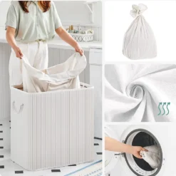 SONGMICS Wäschekorb, 150 L, Wäschesammler, Aus Bambus, Wäschetruhe Mit Griffen, 3 Fächern, Deckel Mit Clips, Faltbar, Für Waschküche, Schlafzimmer, Bad, Weiß LCB091W01 -Songmics Verkaufsgeschäft ff54567f1006d65b21b558cd384b8664